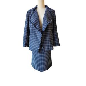 NWT Kasper Blue Plaid Fringe Open Front Tweed‎ Jacket Skirt Suit Set Winter L 12